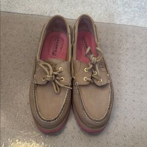 Sperry Tan and Pink Boat Shoes with Laces